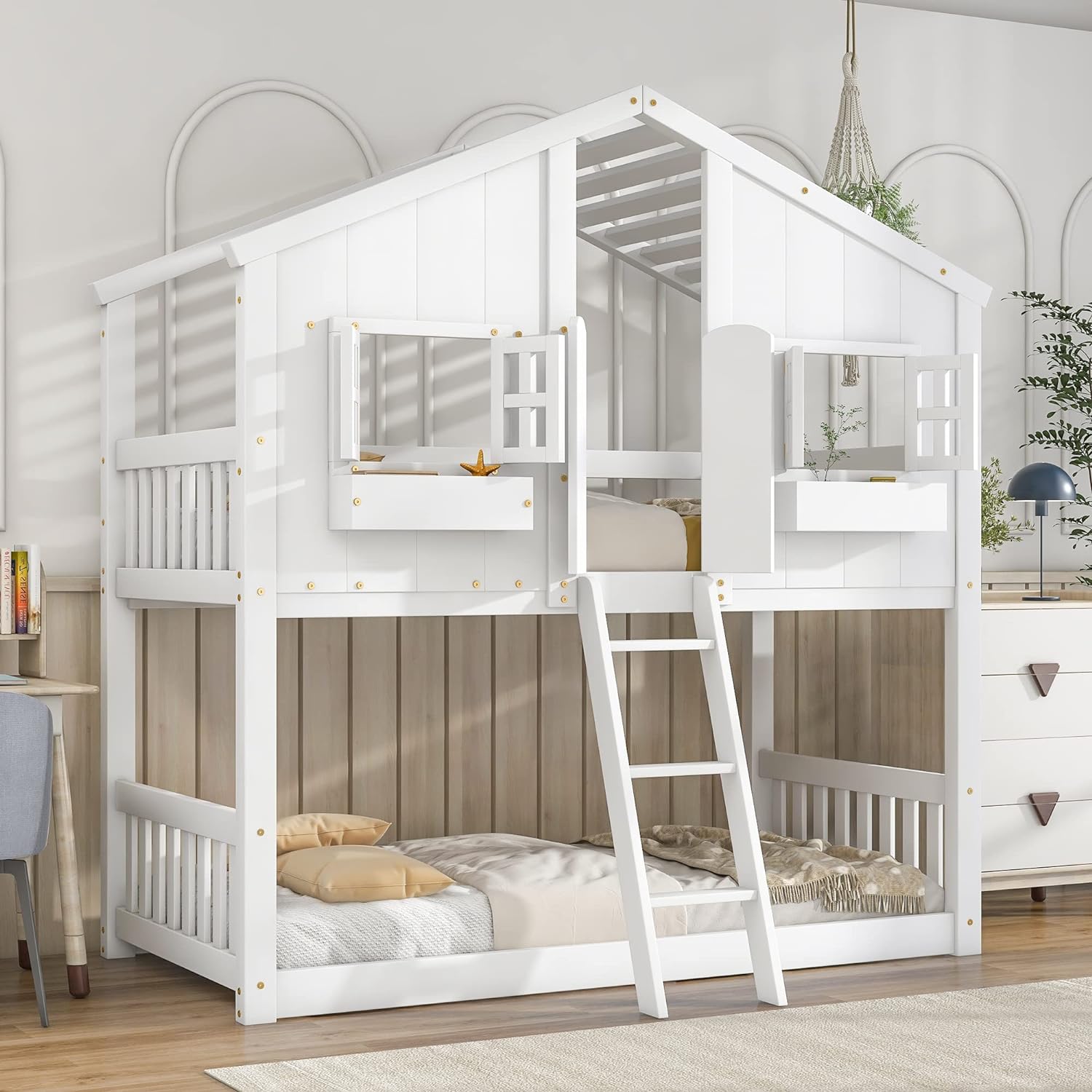 Twin Montessori House Style White Bunk Bed with Roof and Windows