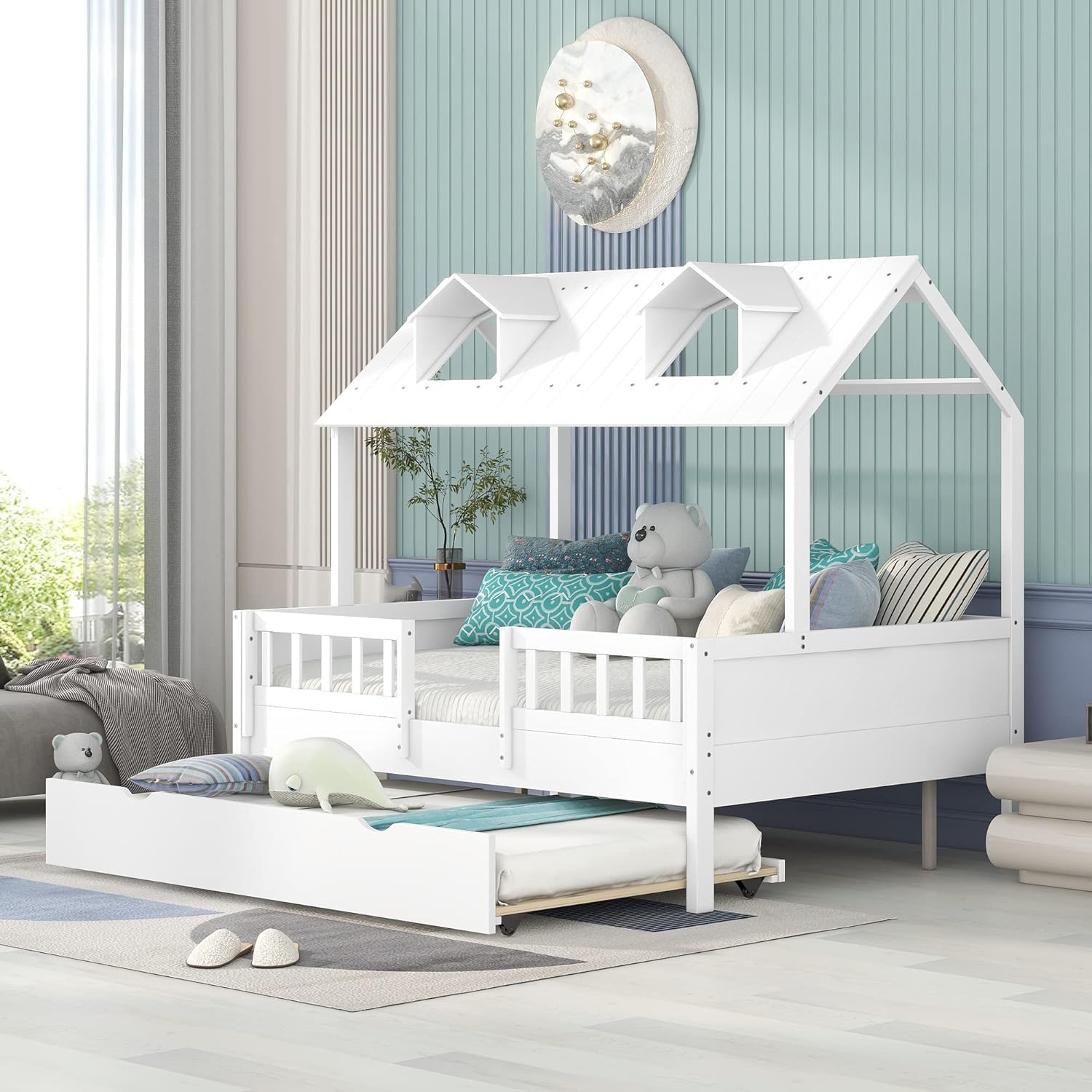 Montessori Inspired Trundle House Bed with Roof and Fence