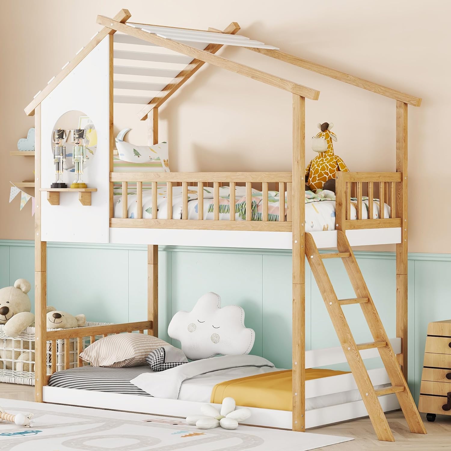 Natural and White Color Montessori House Style Bunk Bed with Rails
