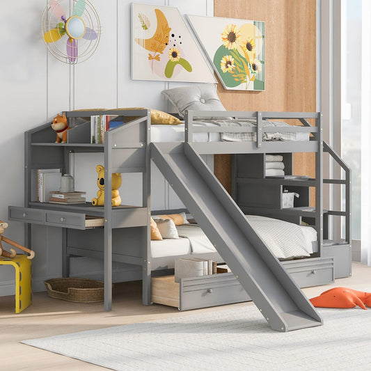 Grey Bunk Bed with Stairs and Slide