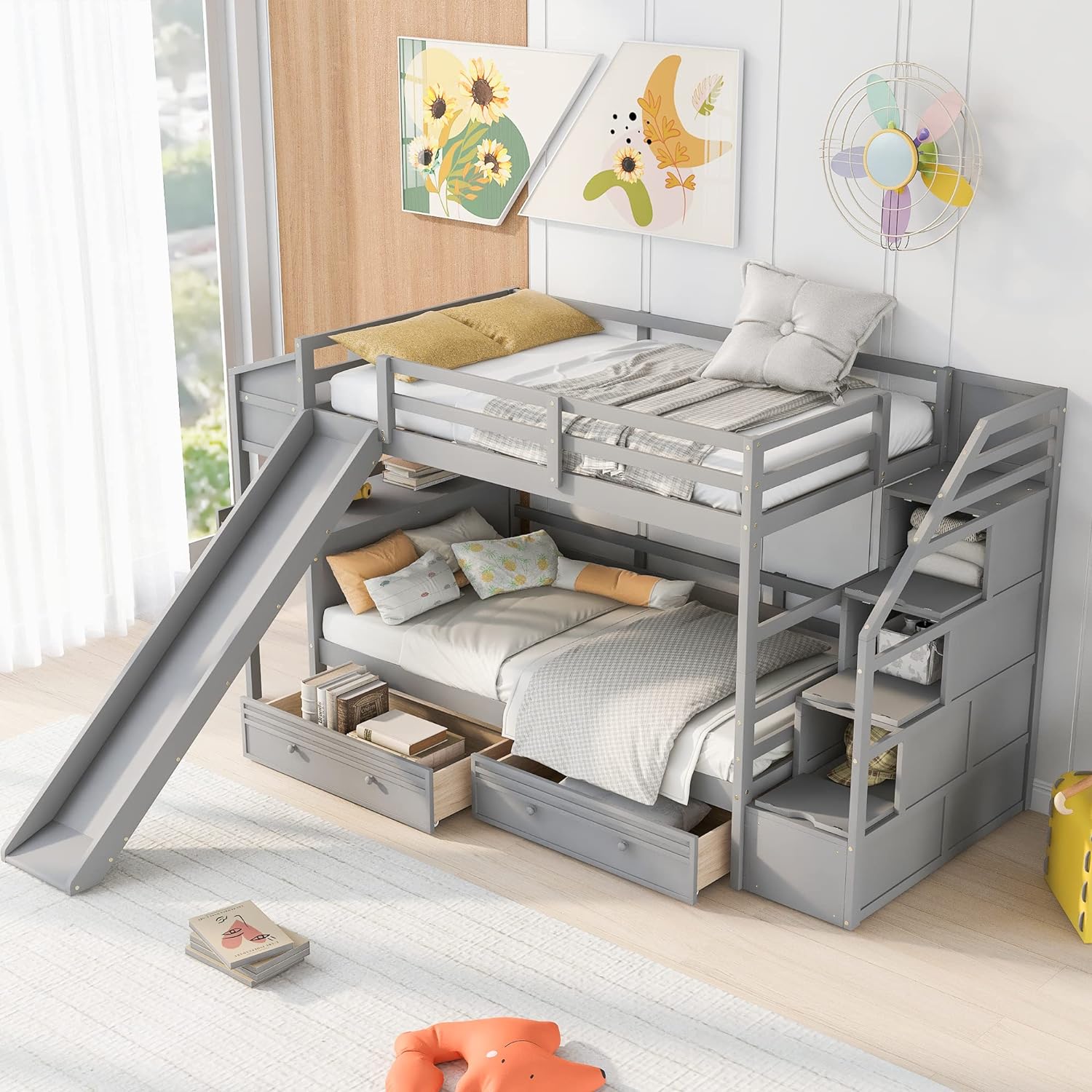 Grey Bunk Bed with Stairs and Slide